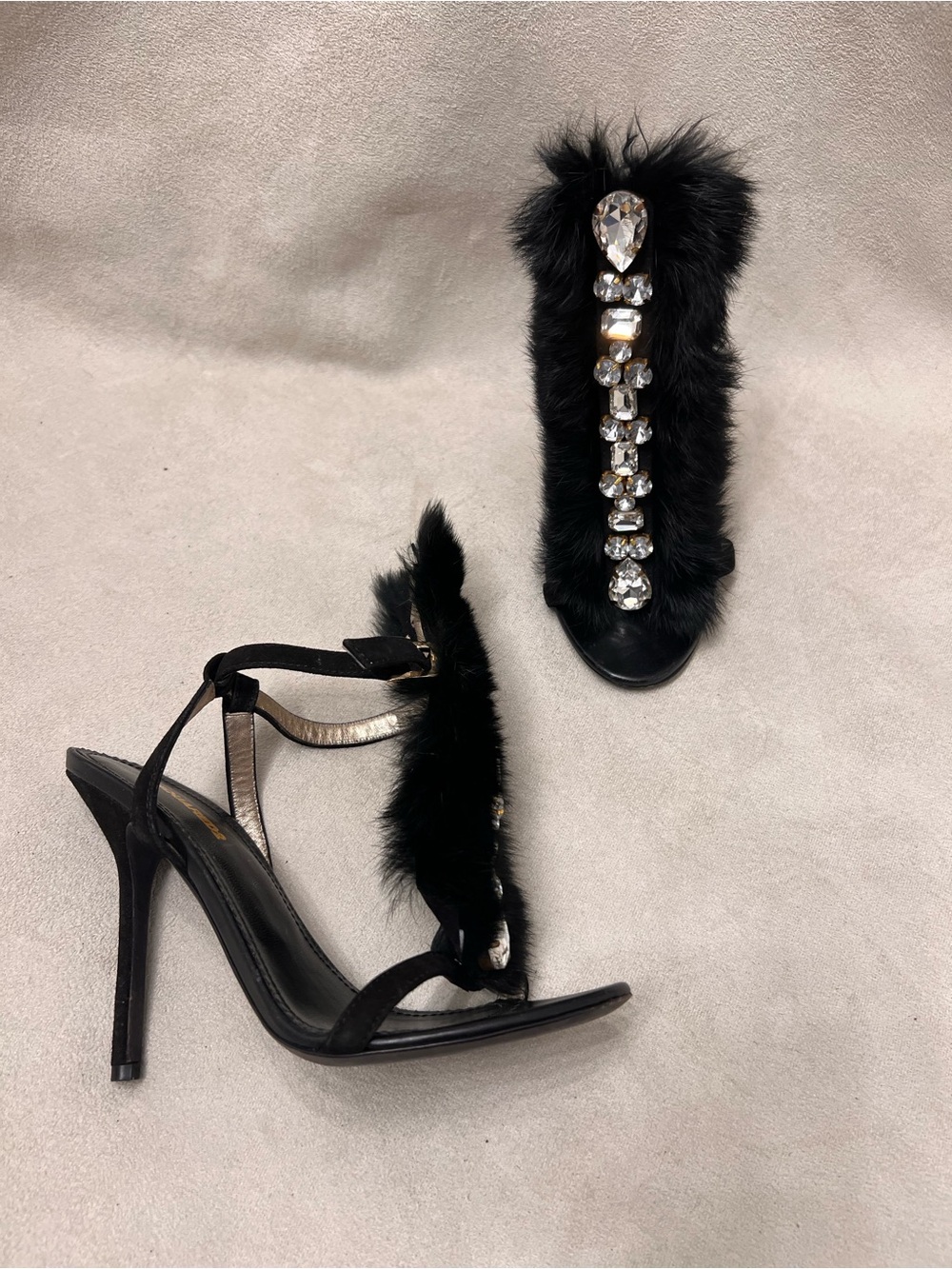 Dsquared2 Black Fur Jeweled Open-Toe Sandals